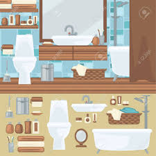 Juego de decorativo camino de mesa y manteles individuales de. Cuarto De Bano De Diseno De Interiores Accesorios Y Juego De Muebles Elementos Para El Bano Banera Wc Y Ducha Espejo Y Lavabo Estilo Plano Ilustracion Del Vector Aislado Ilustraciones Vectoriales Clip