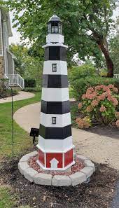 Illustrated woodworking plans for a painted wooden yard lighthouse. How To Build A Cape Hatteras Lawn Lighthouse Diy Wood Plans