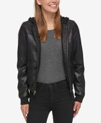 Levi S Hooded Faux Leather Bomber Jacket In Black Modesens Faux Leather Bomber Jacket Bomber Jacket Bomber Jacket Women
