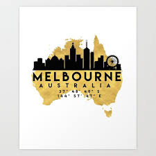 Melbourne Australia Silhouette Skyline Map Art City Skyline Art Melbourne Art Map Art