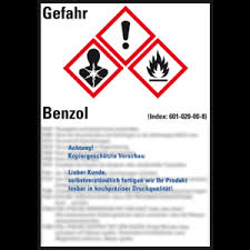 Benzol güvenlik konusunu hem ürünleri hem de insan için iki taraflı ele alır. Gefahrstoffetikett Benzol Selbstklebend 52x74mm 10 Bogen Kroschke At