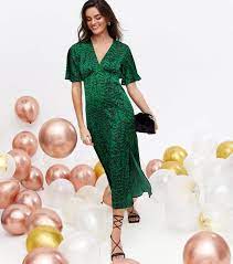 Green Zebra Print Satin V Neck Midi Dress New Look