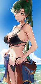 1girls absurdres alternate costume asymmetrical bangs bangs bare  shoulders beach bikini black bikini black swimsuit blush breasts cleavage  collarbone commentary earrings fire emblem fire emblem: the blazing blade  green