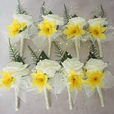 Handmade Wedding Guest Buttonholes Already For A Welsh Theme Wedding Silk Daffodil Wedding Daffodil Wedding Spring Wedding Flowers Daffodil Bouquet Wedding