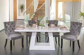 Algarve white marble stowaway dining table with grey velvet high back stools. Urban Deco Milan 200cm White Marble Dining Table And 6 Grey Knockerback Chairs Cfs Furniture Uk