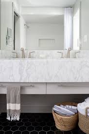 24 black bathroom vanity w/mirror cabinet set vessel glass ceramic sink faucet. White Marble Floating Vanity And Black Hexagonal Floor Tile In Contemporary Bathroom Hgtv