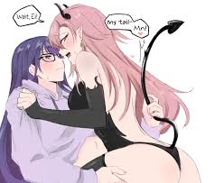 kaiyamon, raiden shogun, raiden shogun (2nd anniversary), yae miko, genshin  impact, 2girls, blush, closed mouth, clothes grab, demon horns, demon tail,  english text, glasses, heart, horns, long hair, mole, mole under eye,