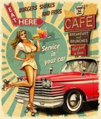 Vintage poster with waitress on roller skates and retro car.1950s style  diner waitress. Stock Vector | Adobe Stock