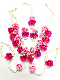 Floret Jewellery Beautiful Pearl Designer Pink Flower Jewellery Set With 6 Items For Women Gi Pink Flower Jewelry Flower Jewellery For Haldi Floral Jewellery