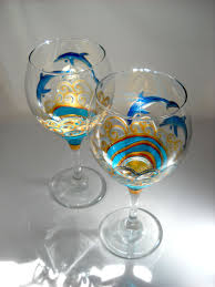 Blue Dolphin Wine Glasses Hand Painted Glassware Ocean Decor Wine Art On Glass Tabletop Accesso Hand Painted Wine Glasses Painting Glassware Painted Wine Glass