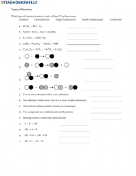 Describe a chemical reaction using words and symbolic worksheet: Types Of Reactions Worksheet