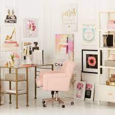 A Glam Home Office With A Pink Modern Office Chair Gold Desk Gold And Marble Table Lamp And A Gallery Wall Of Home Office Decor Home Decor Home Office Design