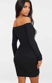 Black Ribbed Long Sleeve Bardot Ruched Bodycon Dress In 2020 Women Bodycon Dress Fitted Bodycon Dress Bodycon Dress