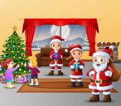 Premium Vector Happy Three Santa Claus With Kids Decorating Christmas Tree