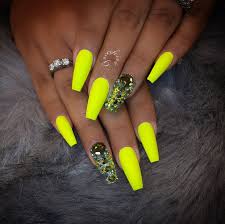Acrylic Coffin Shaped Black And Yellow Nails Matte Neon Yellow Green Coffin Shape Acrylic Nails W Rhinestones Green Nails Neon Yellow Nails Neon Green Nails