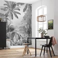 Black And White Tropical Mural Wallpaper Jungle Mural Wallpaper In Black And White Create Spaces Surrounded By A Lush Tropical Forest A Calmed And Mystica In 2020 Mural Wallpaper Wall Wallpaper Forest Mural