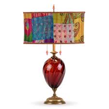 Original parchment lampshade with its burgundy leather top and bottom. Kinzig Design Ariya Table Lamp Colors Burgundy With Multi Colored Silk Shade And Blown Glass Base Sweetheart Gallery Contemporary Craft Gallery Fine American Craft Art Design Handmade Home Personal Accessories