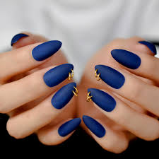 Contents 1 perfect rose almond nails 18 blue matte nails Designed Almond Nails Deep Blue Medium Nail Gold Ring Decoration Nails Pre Designed Perforate Matte Tips False Nails Aliexpress