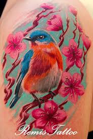 Blue Bird And Rose Tattoo Bird Flower Color Tattoo Amazing Epic Beautiful Tattoos Shoulder Arm Www Inkfreakz Com Blossom Tattoo Cherry Blossom Tattoo Tattoos