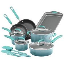 Rachael Ray 14 Piece Aluminum Non Stick Cookware Set Color Agave Blue In 2020 Cookware Set Nonstick Cookware Cookware And Bakeware