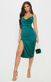 Emerald Green Strappy Satin Cowl Midi Dress In 2020 Green Satin Dress Green Bodycon Dress Green Silk Dresses