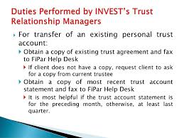 For actively managed mutual funds, the fund manager is basically in charge of what stocks, bonds or other assets the fund will buy with investors' money. Trust Relationship Manager Duties And Responsibilities Ppt Download