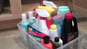 This pretty storage bin corrals everyday cleaning supplies, such as sponges, rags, and a mini dustpan, in a colorful laundry room. Organization Under The Kitchen Sink Cleaning Supplies Youtube