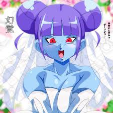 vidro (dragon ball), dragon ball, dragon ball heroes, highres, translation  request, 1girl, :d, bare shoulders, blue skin, blush, bridal veil,  collarbone, colored skin, double bun, dress, elbow gloves, gloves, hair  bun, looking