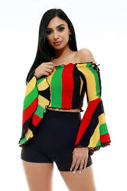 Rasta Knit Off Shoulder Bell Sleeve Crop Top Free Shipping Jamaica Clothing Rasta Clothes Jamaican Clothing Jamaica Outfits