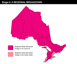 This means the safe restart of some services and businesses including restaurants and bars with patios, personal care services, shopping malls and select recreational spaces such as splash pads and pools. List Of Activities Allowed And Regions In Ontario Map That Can Move To Stage 2 From June 12th To Do Canada