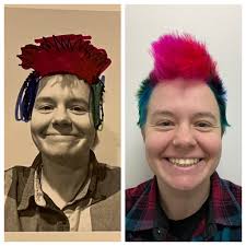 Behold, my newest hair colors, designed by my 6yo daughter Summer (via  strategic use of coloring sheet)—what do you think, did I pull off her  vision? *** Image descriptions are probably relevant