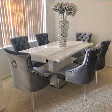 Shop our grey and white chairs selection from the world's finest dealers on 1stdibs. White High Gloss Dining Table And Grey Tufted Cleared Leg Dining Chair Vagrant Press