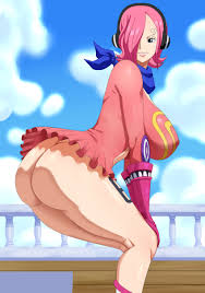 pinkpawg, vinsmoke reiju, one piece, clothes, absurdres, highres, 1girl,  ass, blue eyes, breasts, elbow gloves, gloves, hair over one eye, huge ass,  huge breasts, looking at viewer, medium hair, pink hair, smile,