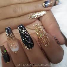 Matte Black And Gold Glitter Nails Black Ombre Gold Glitter And Crystals On Long Coffin Nails Nails Art Decoracion De Unas Follow Fli Gold Acrylic Nails Gold Nails Black Gold Nails