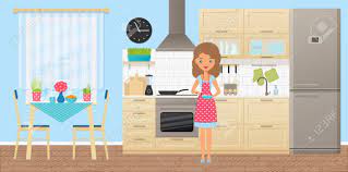 Maybe you would like to learn more about one of these? Woman Character In Kitchen Cooking Omelet Vector Cartoon Room Interior With Animated Girl Appliances Furniture Dining Area In Flat Design Housewife In Dotted Pot Apron Royalty Free Cliparts Vectors And Stock Illustration