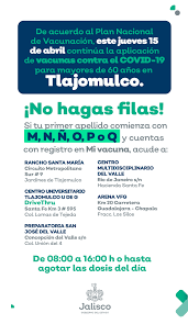 231,530 likes · 18,664 talking about this · 3,439 were here. Secretaria De Salud Jalisco Atencion Tlajomulco Manana Jueves 15 De Abril Continuaremos Aplicando La Primera Dosis De La Vacuna Contra Covid19 A Personas Mayores De 60 Anos Residentes De
