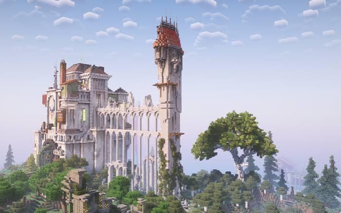 A beautiful Minecraft landscape with castles and trees using shaders.