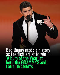 Bad Bunny made history at the 68th Annual Grammy Awards in Los Angeles by  winning Album of the Year for his sixth studio album Debí Tirar Más Fotos.  It was the first