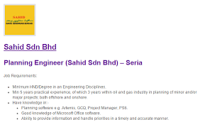 Oil Gas Vacancies Planning Engineer Sahid Sdn Bhd Seria Brunei Darussalam