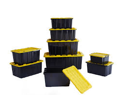 Black And Yellow Totes Heavy Duty Series Of Plastic Storage Tote Box In Black Body Yellow Lid From 25lt To 200lt From Pinya Plastic Box Storage Plastic Tool Box Plastic Storage Totes