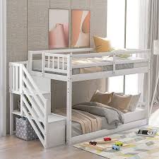 Floor Bunk Beds Rockjame Low Solid Wood Twin Over Twin Bunk Bed Frame With Staircase Safety Guard Rail And Storage For In 2020 Low Bunk Beds Twin Bunk Beds Bunk Beds