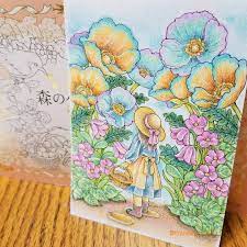 お花や葉っぱたちの輪郭をぼや っとしたくてはみ出すように塗ってみました て説明しておかないと気付いてもらえないくらいですね 次こそ水性で塗ろう かな 森の少女の物語 井田千秋 おとなのぬりえ 大人のぬりえ 大人の塗り絵 カラーリングブック コロ