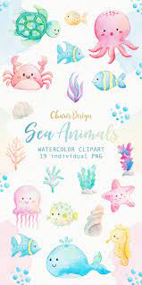 Sea Animals Watercolor Clipart Ocean Seaweed Underwater Fishes Starfish Sea Nautical Undersea Aquarium Babyshower Alga Sea Animals Drawings Watercolor Animals Watercolor Sea
