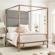 Champagne gold finish metal canopy bed with upholstered headboard insert upholstery options include white linen, dark grey linen. Weymouth Upholstered Canopy Bed Canopy Bedroom Bedroom Furniture Canopy Bed