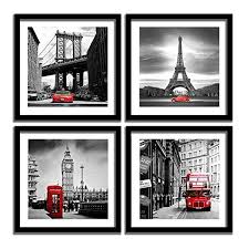 Black And White Framed Prints Amazon Amazon Com Englant 4 Pieces Framed Canvas Wall Art Black White And Red Wall Decor Landscape Poster With Eiffel Tower B Red Wall Decor Red Wall Art Red Walls