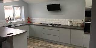 High gloss kitchens | white & grey gloss kitchen units. Handleless High Gloss Kitchen In Light Grey Newbold Chesterfield Copy Rf Installations Chesterfield Kitchens