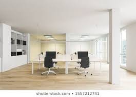 Front View Of Modern Open Space Office With White Walls Wooden Floor Rows Of White Computer Tables And Bookcase Open Space Office Office Interiors Open Space