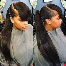 Sew in ponytail with bangs. Easy Lazy Weave Ponytail Styles With Bangs Long Ponytail Hairstyles Black Ponytail Hairstyles Weave Ponytail Hairstyles
