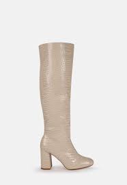 Cream Block Heel Knee High Boots Missguided