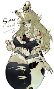 togetoge, springtrap, five nights at freddys, five nights at  freddys 3, highres, breasts, cleavage, fingernails, furry, furry  female, green fur, green hair, grey eyes, hole on body, large breasts,  lighter, long hair,